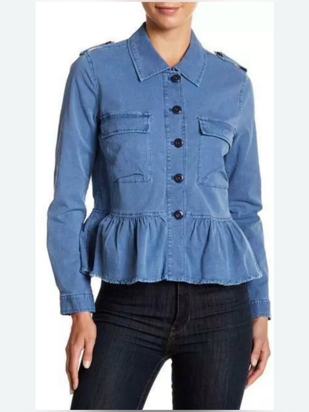 Lucky Brand Light Blue Denim Peplum Jacket with Epaulets